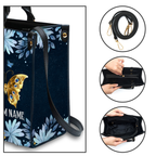 Blue Floral Butterfly Inspirational She Will Not Fall Custom Leather Handbag - Personalized Custom Leather Bag