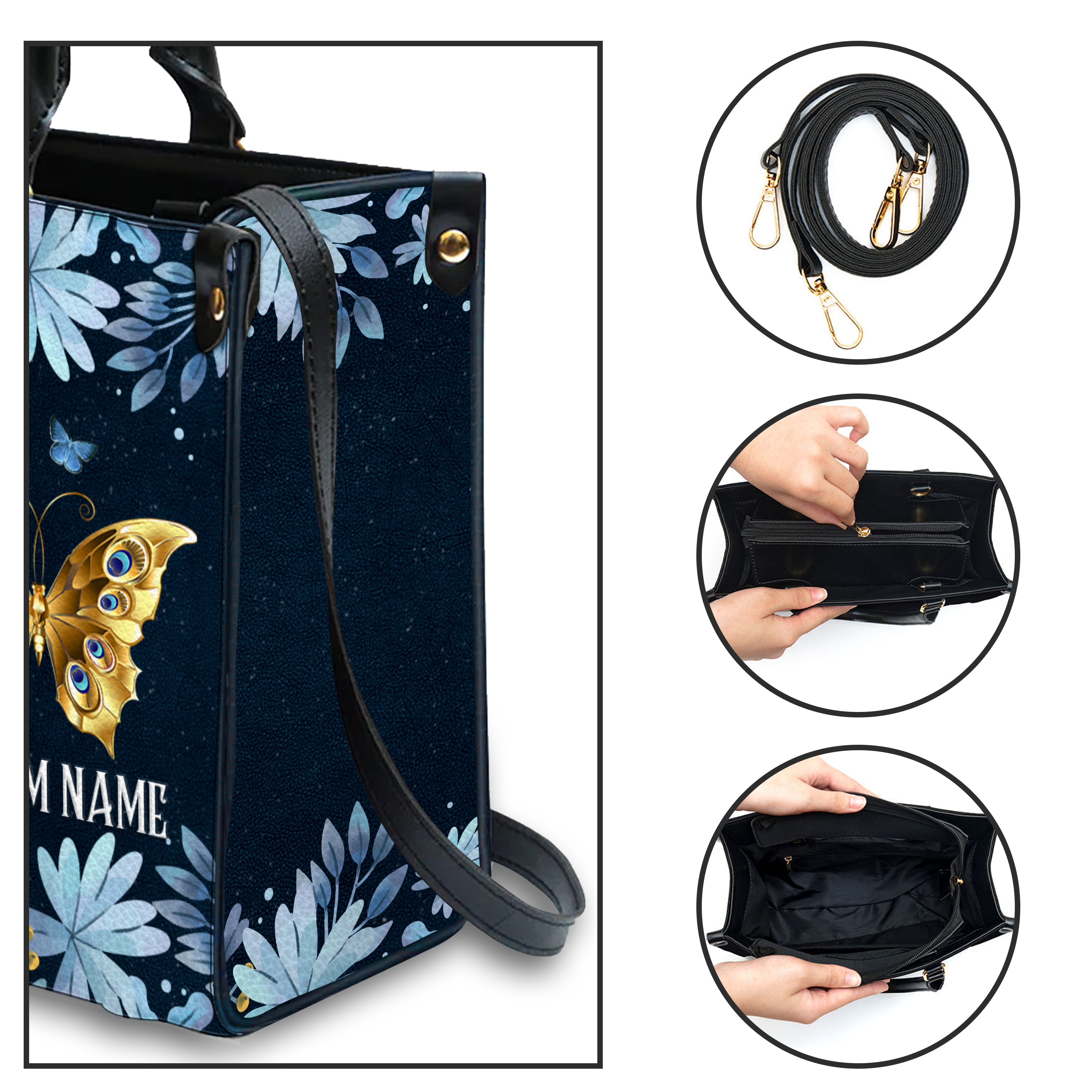 Blue Floral Butterfly Inspirational She Will Not Fall Custom Leather Handbag - Personalized Custom Leather Bag
