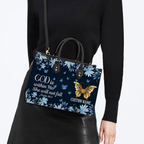 Blue Floral Butterfly Inspirational She Will Not Fall Custom Leather Handbag - Personalized Custom Leather Bag