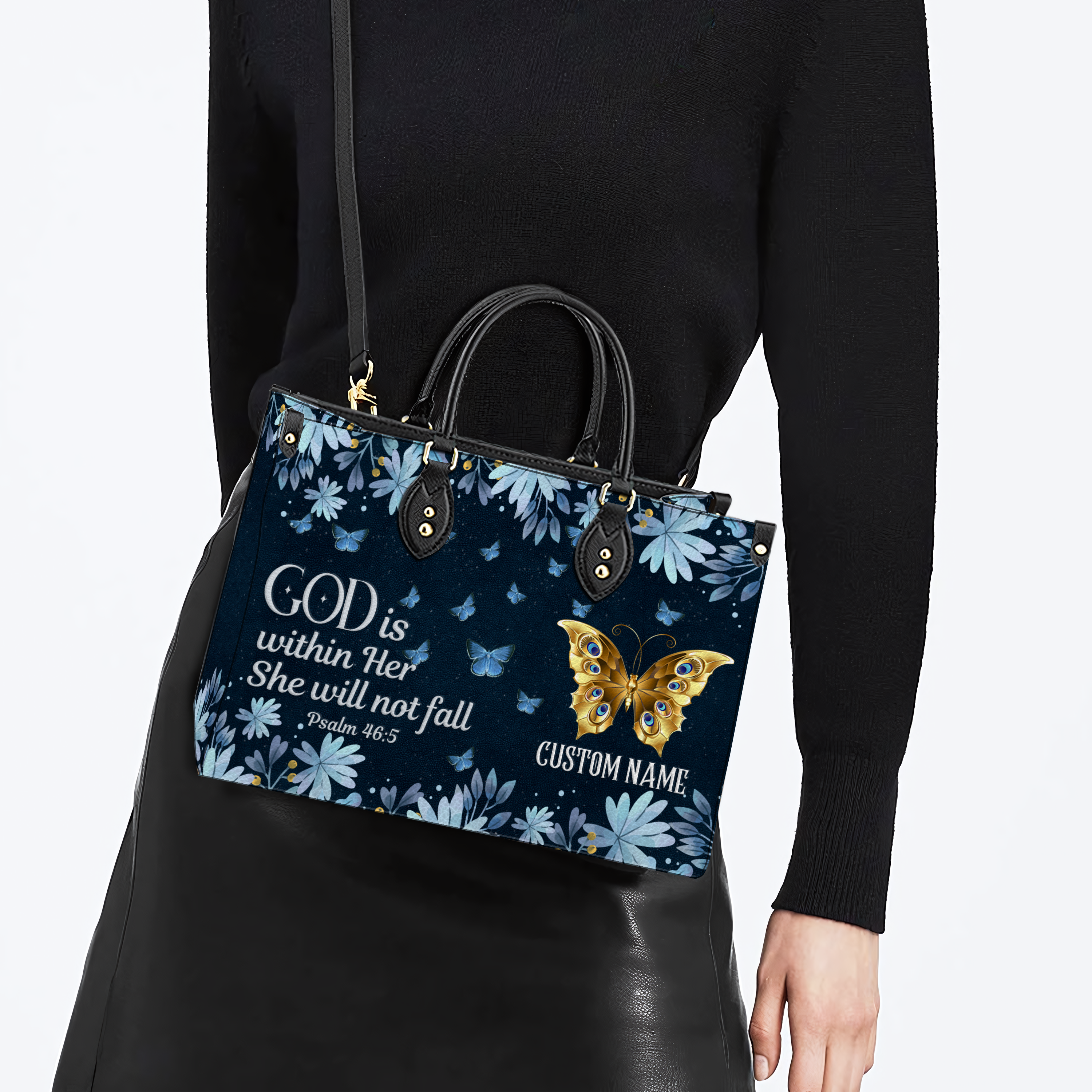 Blue Floral Butterfly Inspirational She Will Not Fall Custom Leather Handbag - Personalized Custom Leather Bag