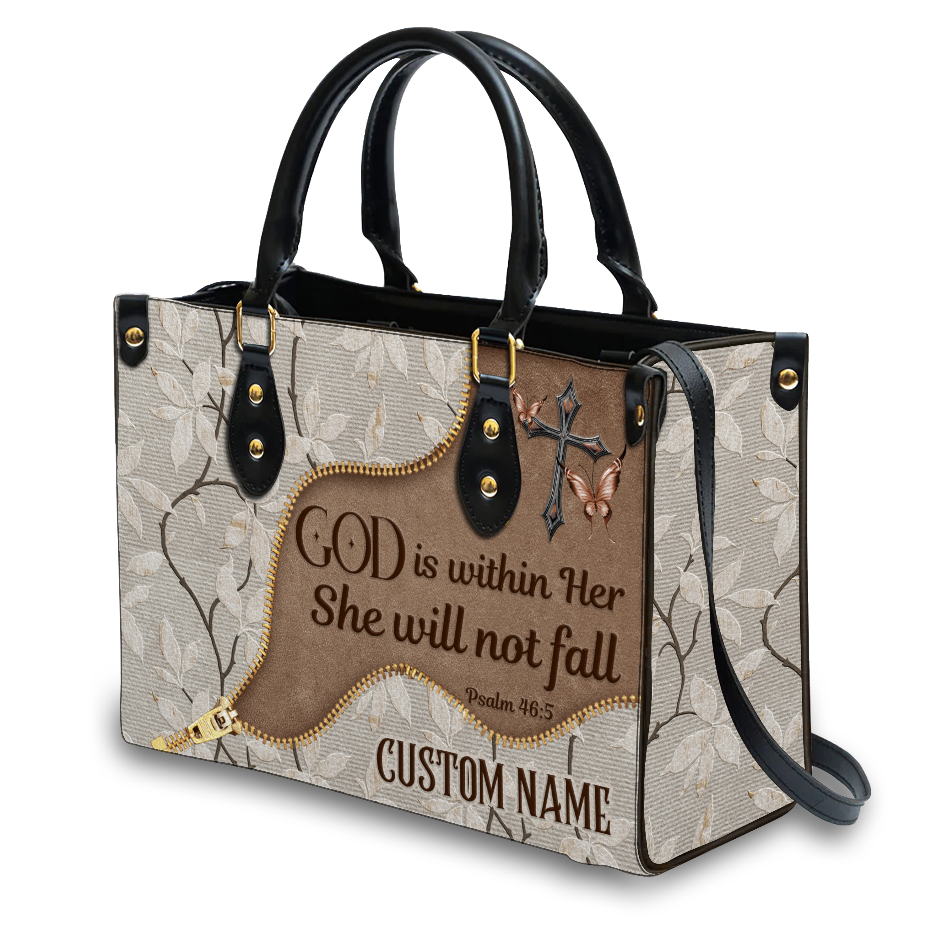 Vintage Floral Zipper Inspirational She Will Not Fall Custom Leather Handbag - Personalized Custom Leather Bag
