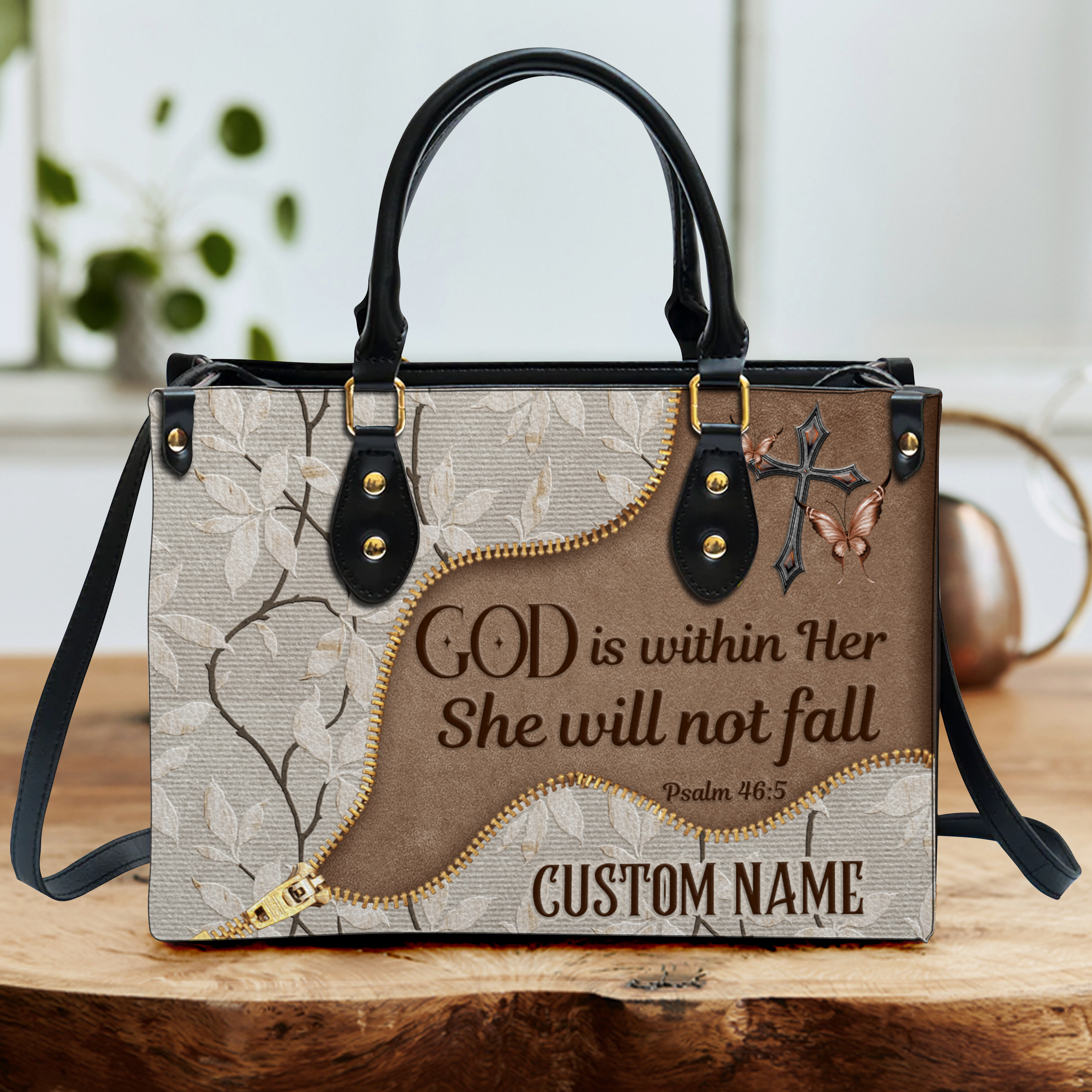 Vintage Floral Zipper Inspirational She Will Not Fall Custom Leather Handbag - Personalized Custom Leather Bag