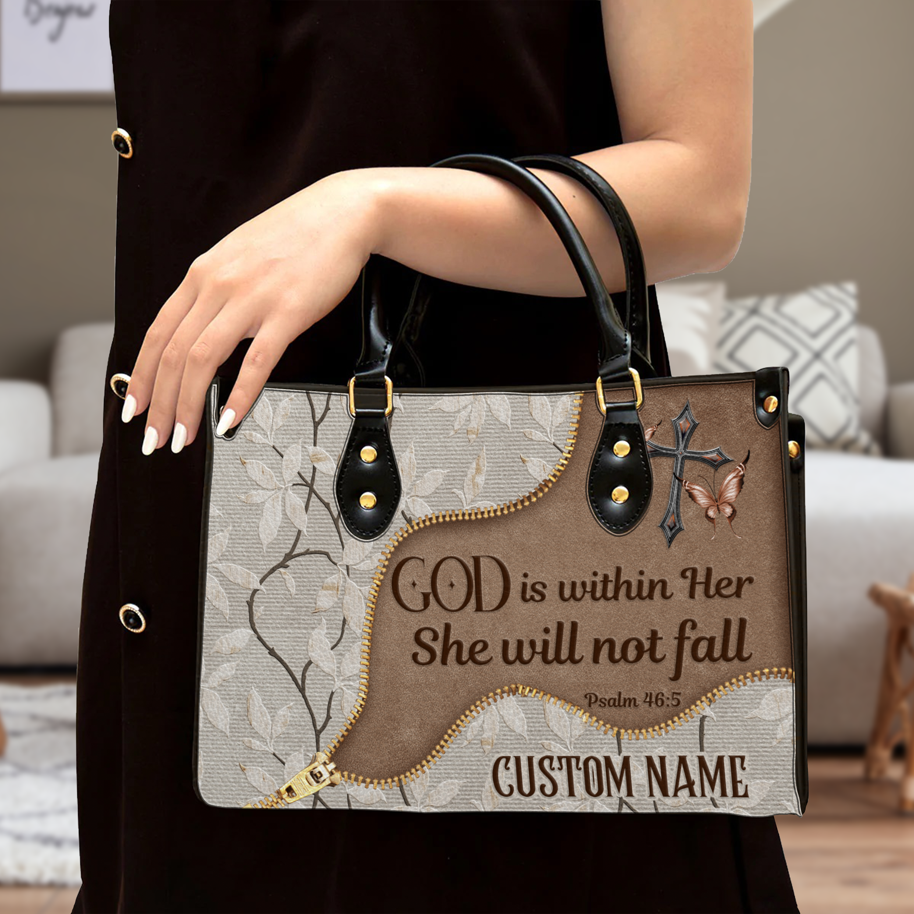 Vintage Floral Zipper Inspirational She Will Not Fall Custom Leather Handbag - Personalized Custom Leather Bag