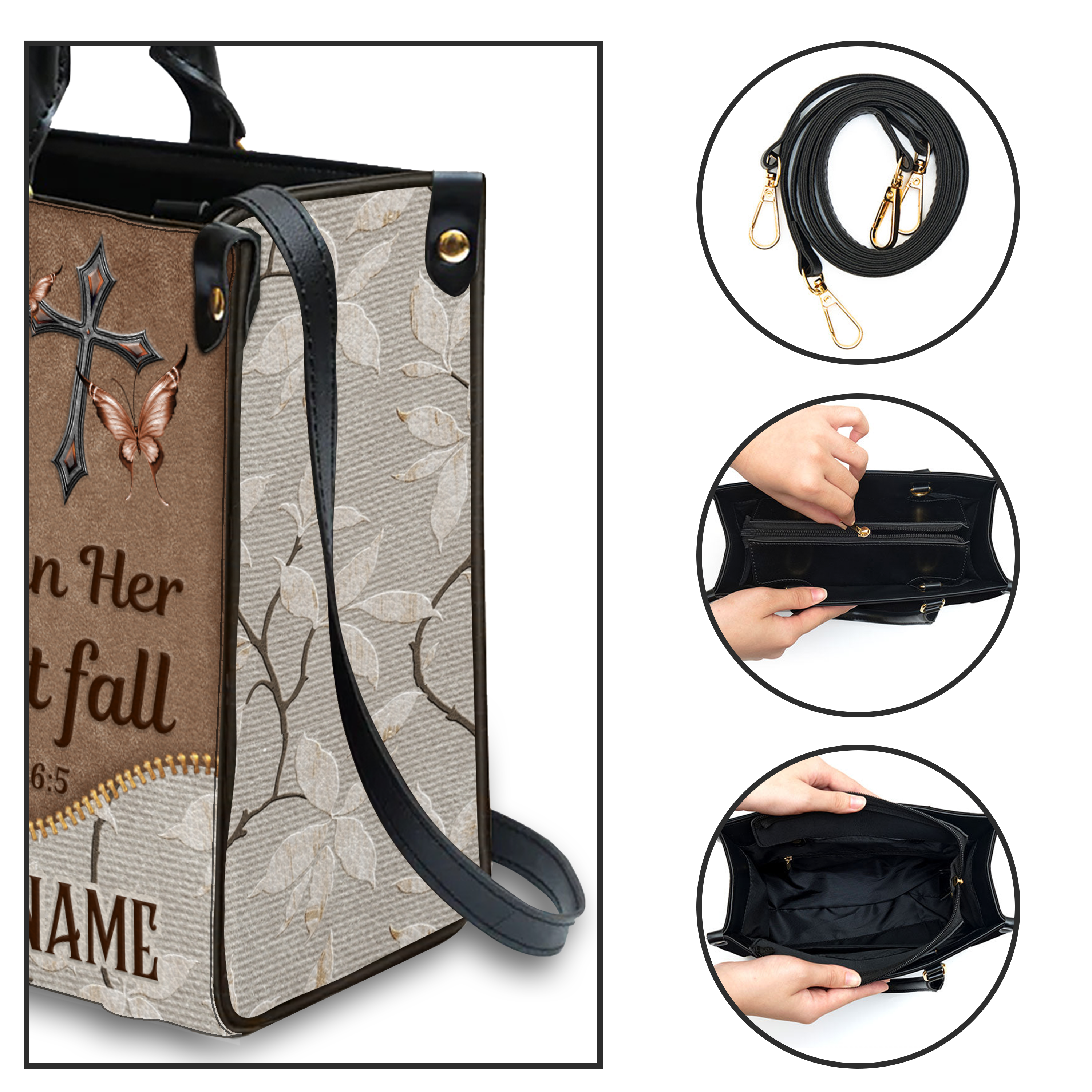Vintage Floral Zipper Inspirational She Will Not Fall Custom Leather Handbag - Personalized Custom Leather Bag
