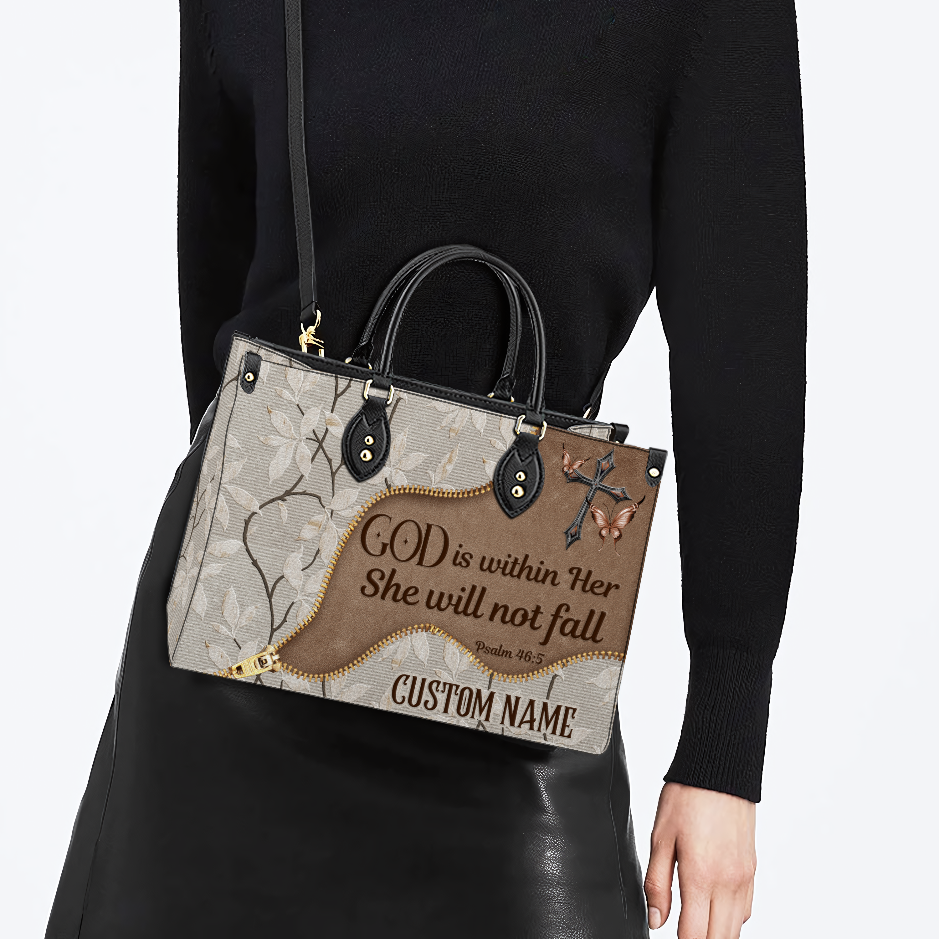 Vintage Floral Zipper Inspirational She Will Not Fall Custom Leather Handbag - Personalized Custom Leather Bag