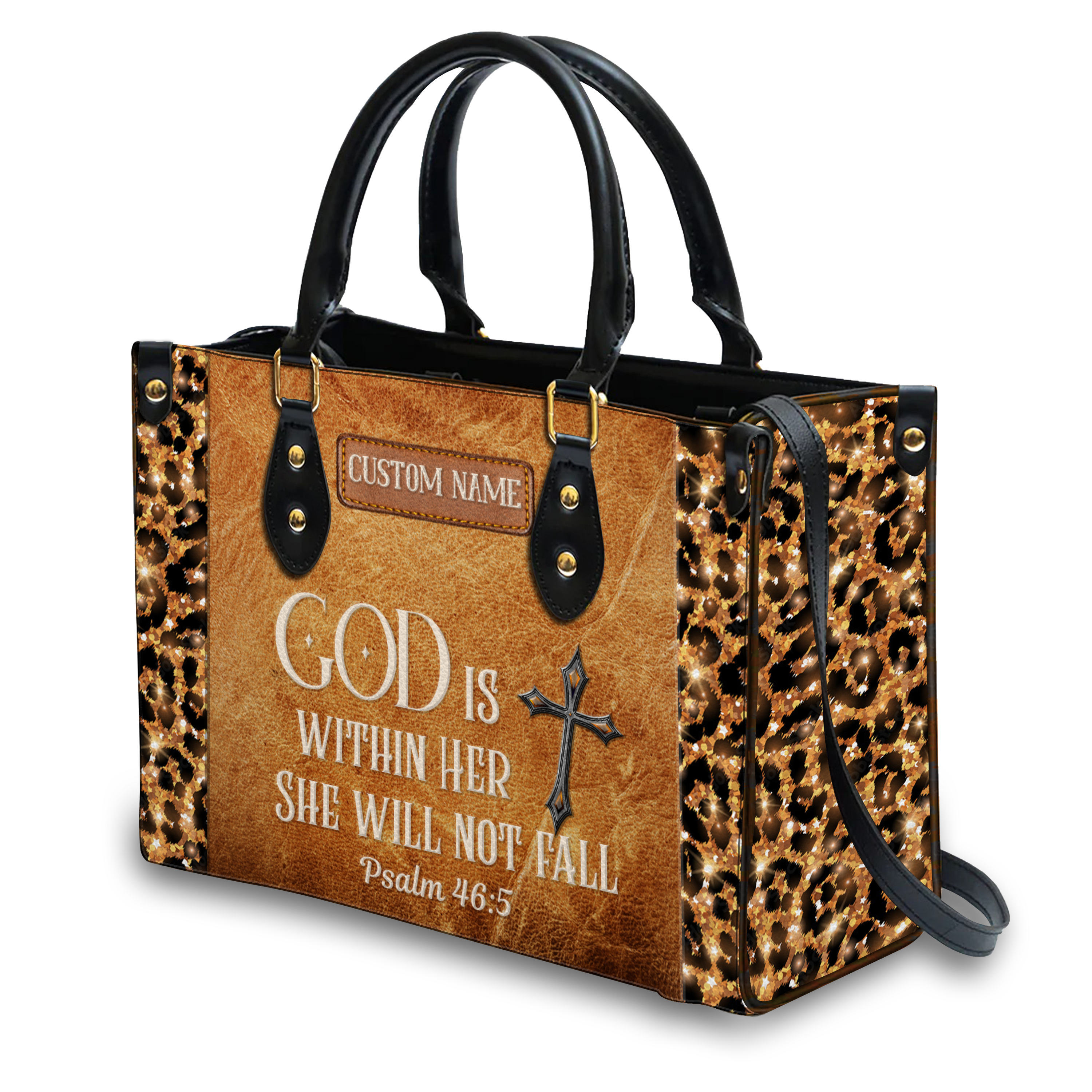 Vintage Leather Glitter Leopard Inspirational She Will Not Fall Custom Leather Handbag - Personalized Custom Leather Bag