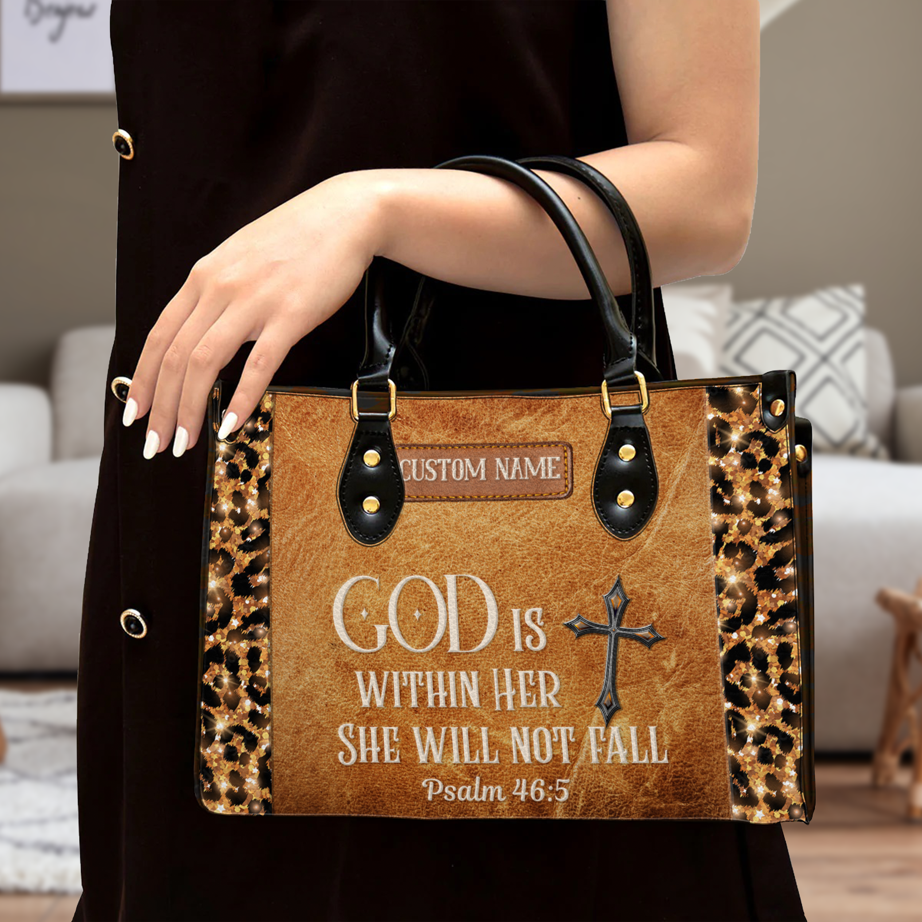 Vintage Leather Glitter Leopard Inspirational She Will Not Fall Custom Leather Handbag - Personalized Custom Leather Bag