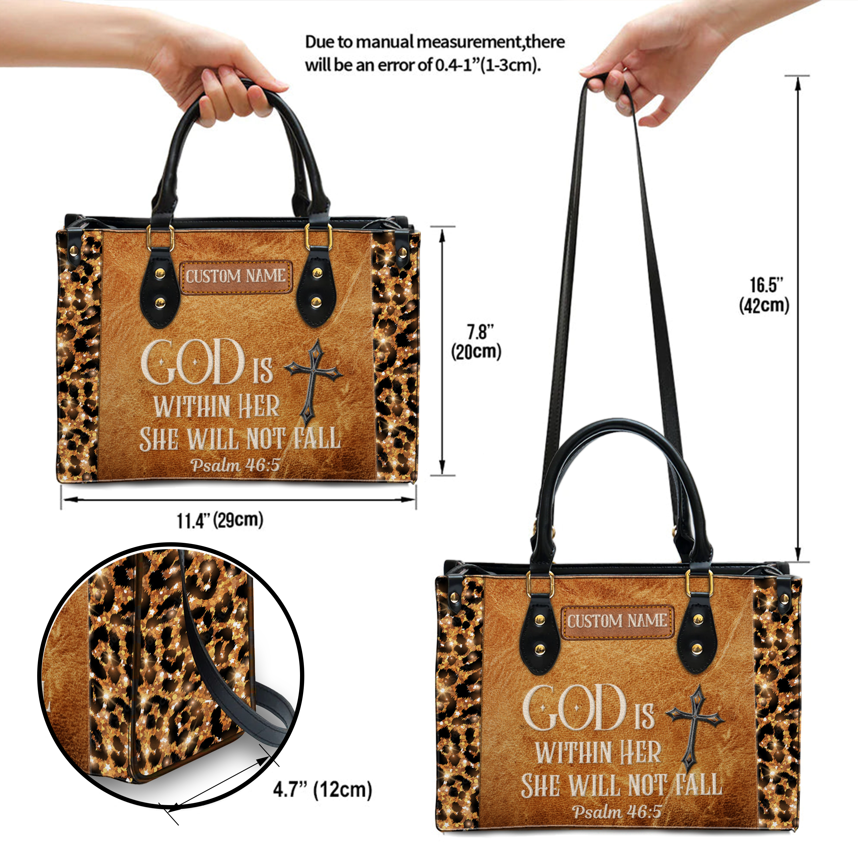 Vintage Leather Glitter Leopard Inspirational She Will Not Fall Custom Leather Handbag - Personalized Custom Leather Bag