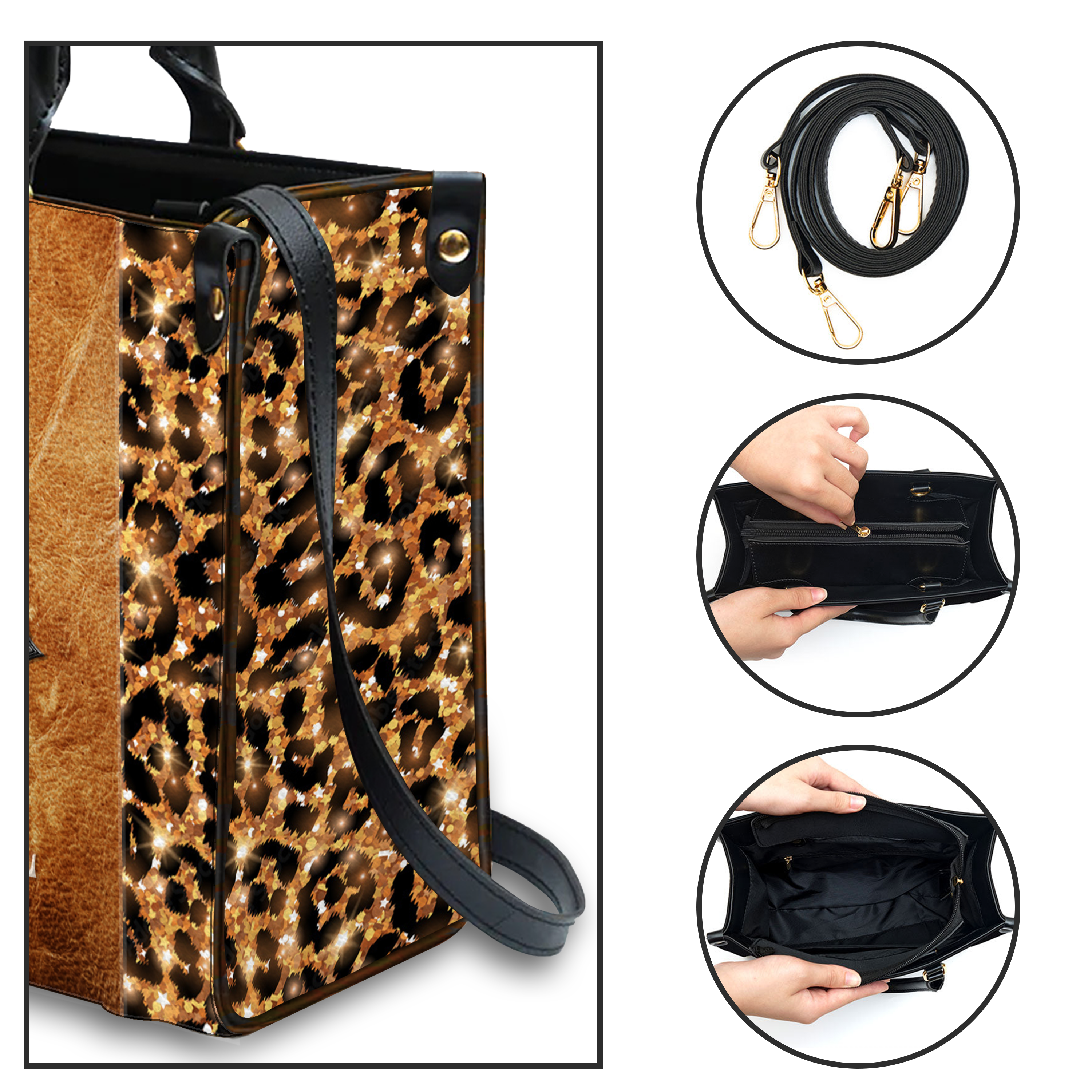 Vintage Leather Glitter Leopard Inspirational She Will Not Fall Custom Leather Handbag - Personalized Custom Leather Bag