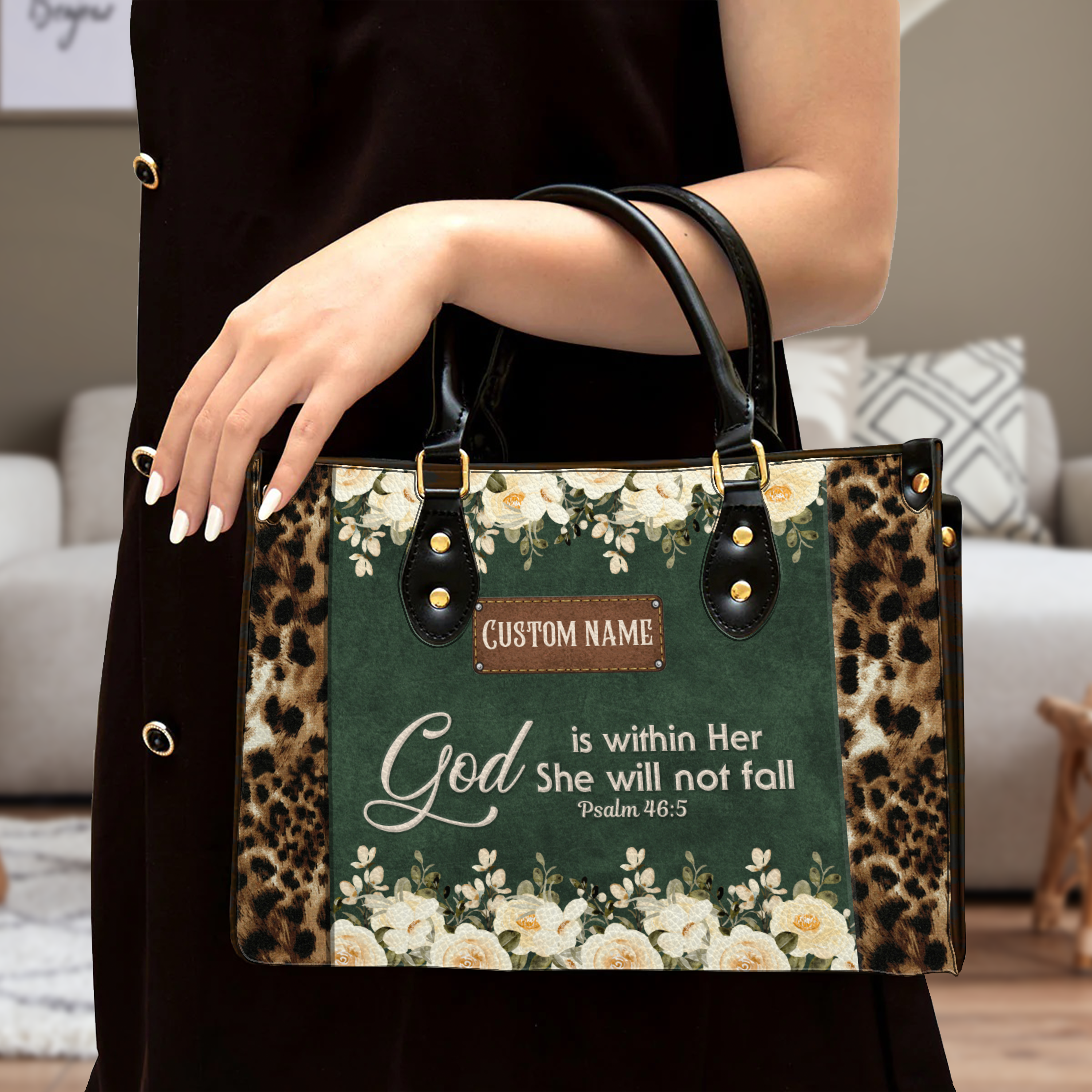 Vintage Leopard Floral Inspirational She Will Not Fall Custom Leather Handbag - Personalized Custom Leather Bag