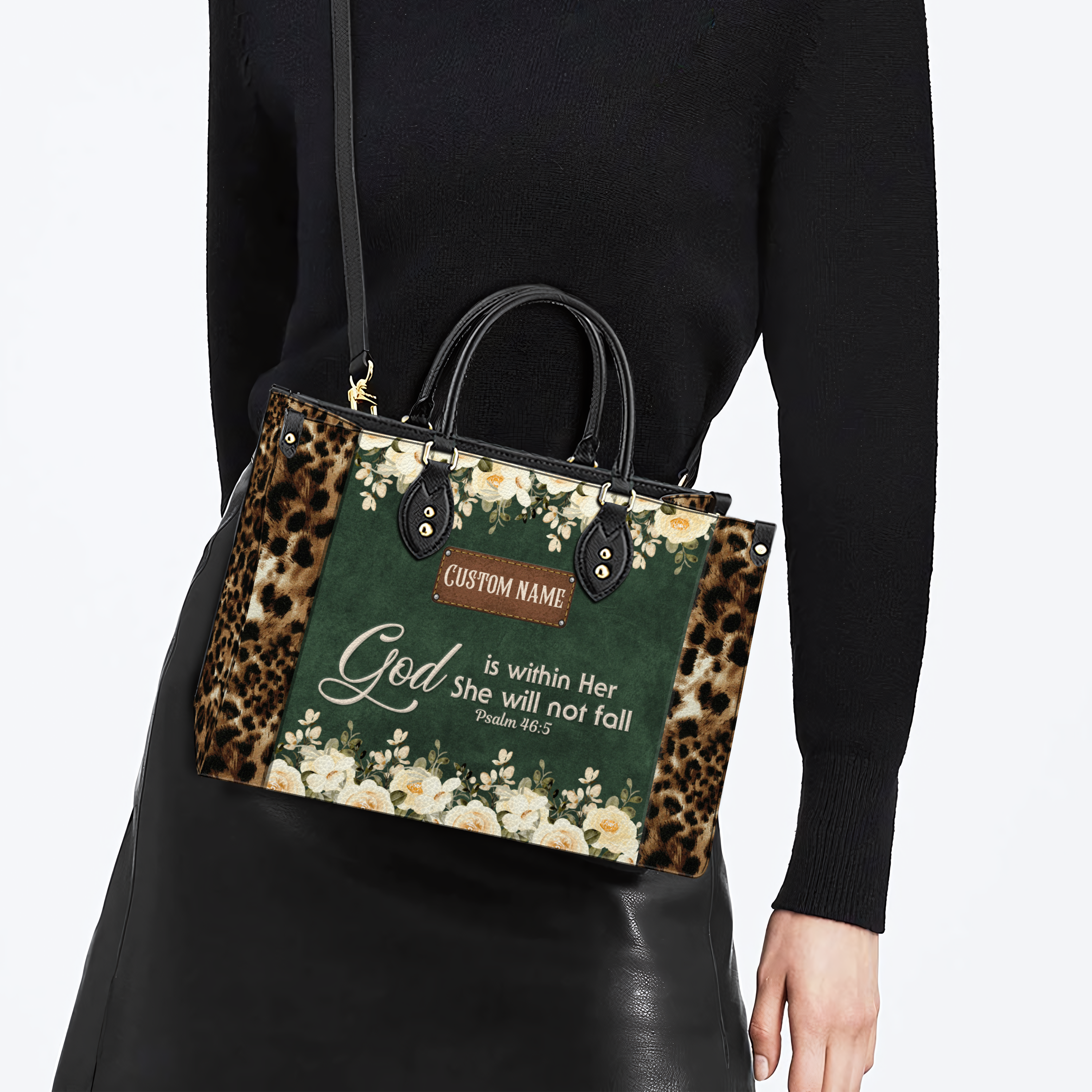 Vintage Leopard Floral Inspirational She Will Not Fall Custom Leather Handbag - Personalized Custom Leather Bag