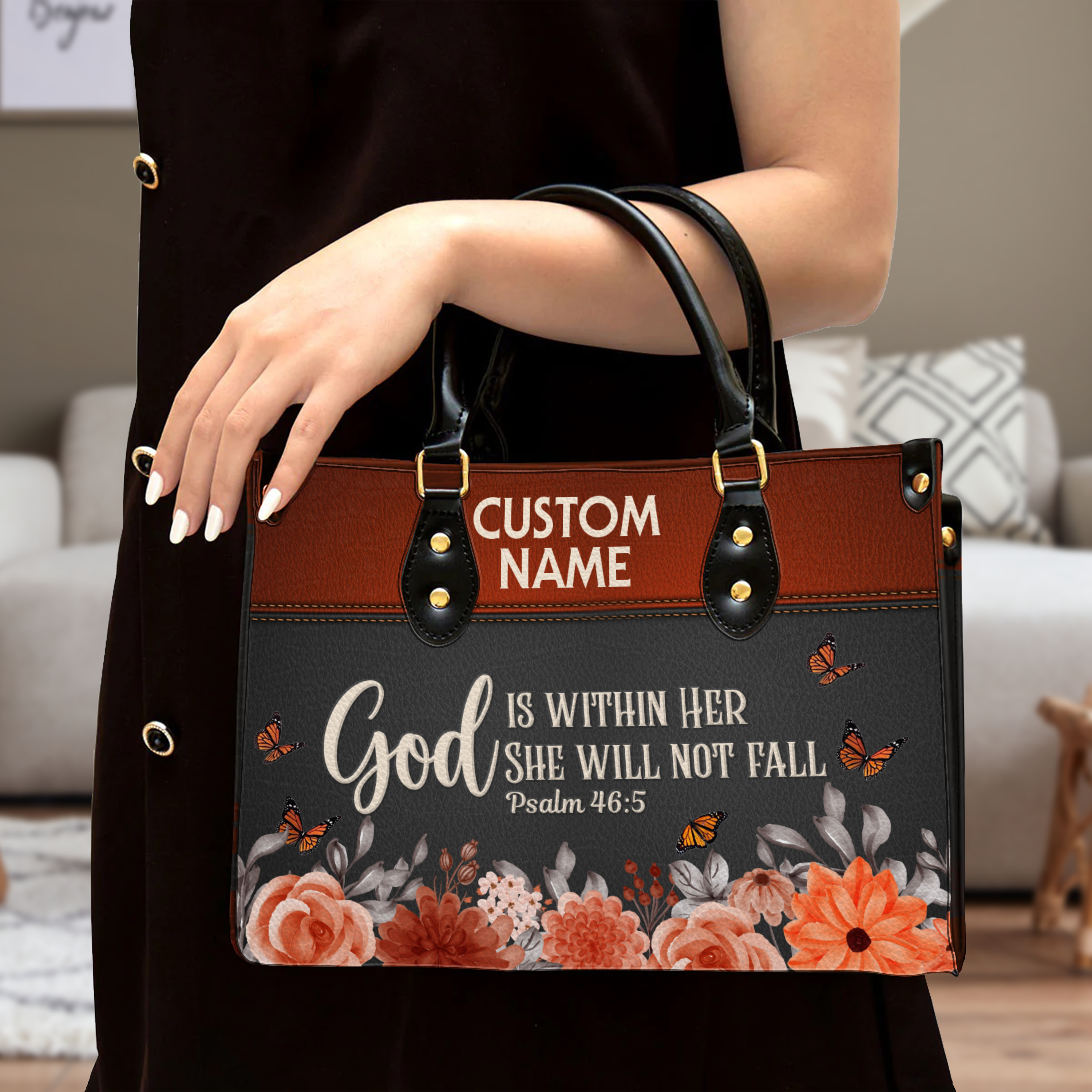 Vintage Red Flower Inspirational She Will Not Fall Custom Leather Handbag - Personalized Custom Leather Bag