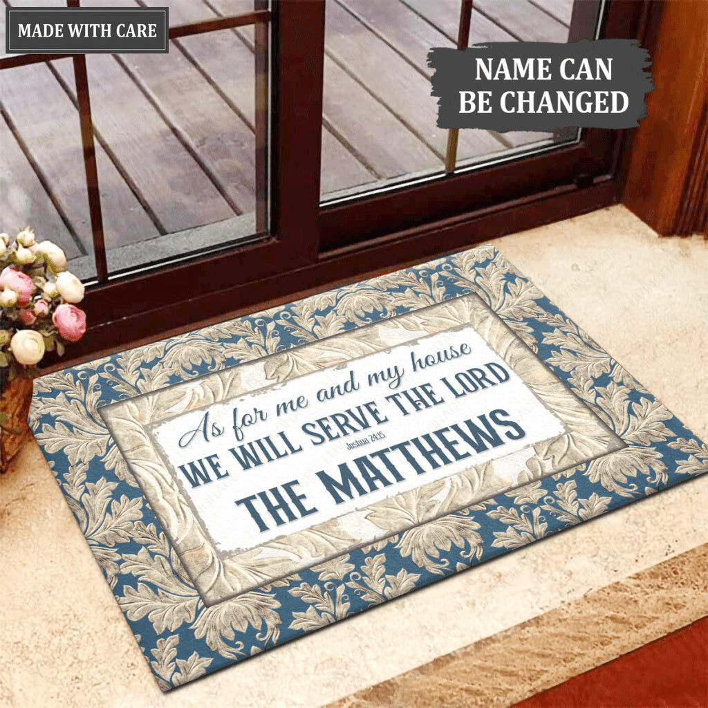 Vintage Blue Elegant Serve The Lord Personalized Doormat