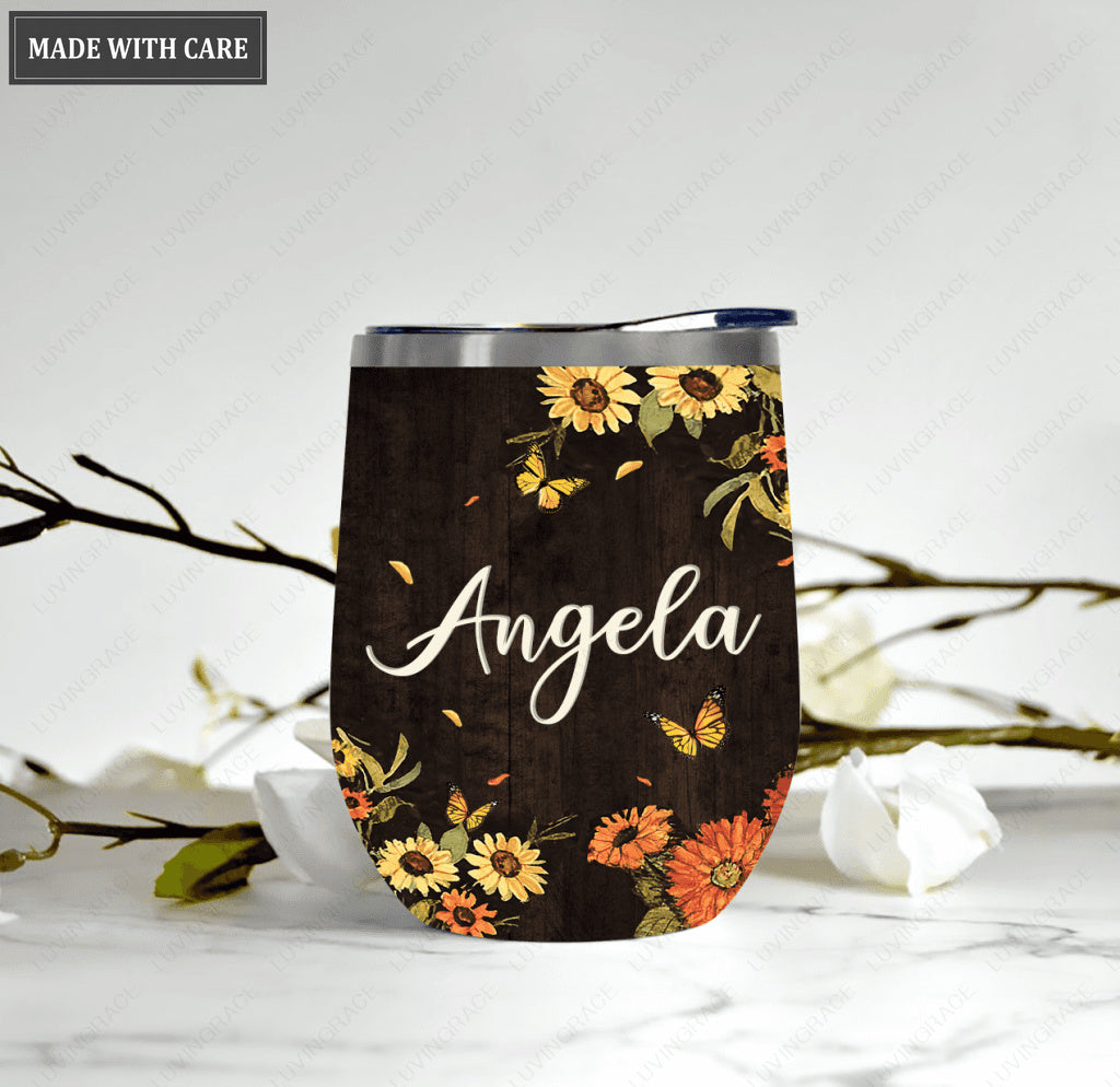 Personalized Sunflower Butterflies Be Still Wine Tumbler