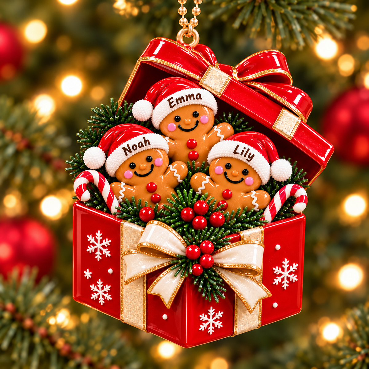 Personalized Gingerbread Gift Box 3D Ornament – Custom Names Christmas Gift