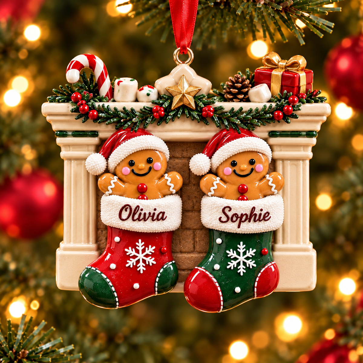 Personalized Gingerbread Christmas Stocking Ornament – Custom Names, Christmas Gift