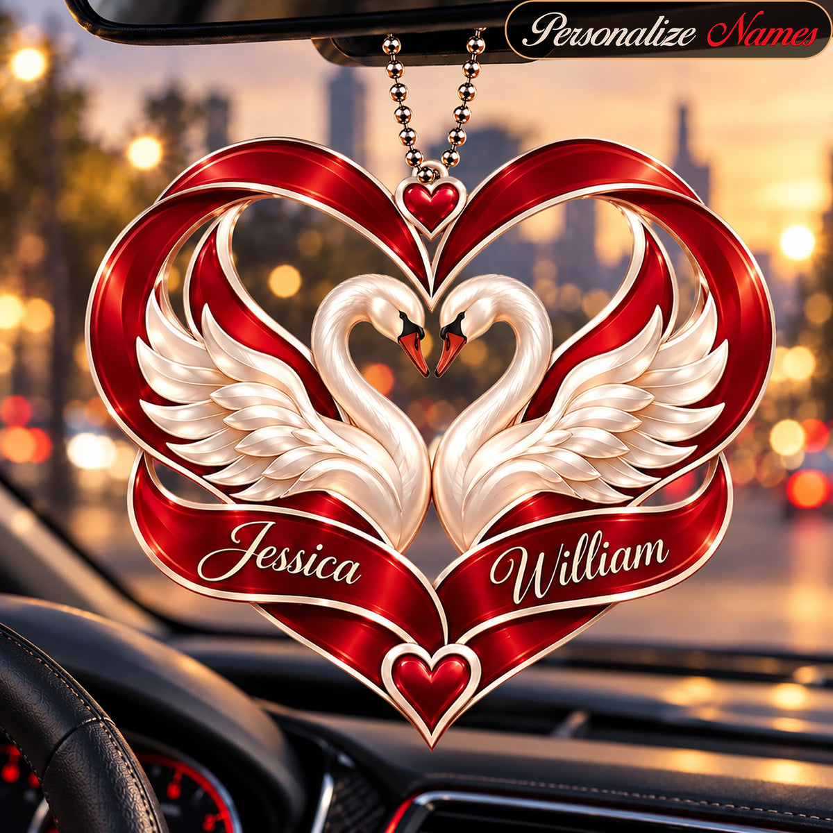 Personalized Names Swan Couple Heart Car Ornament – Anniversary Keepsake