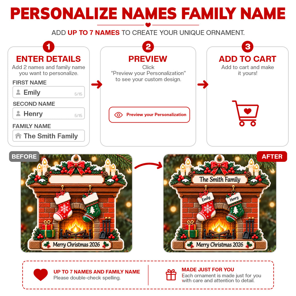 3D Raised Personalized Christmas Fireplace Stocking Ornament – Family Gift