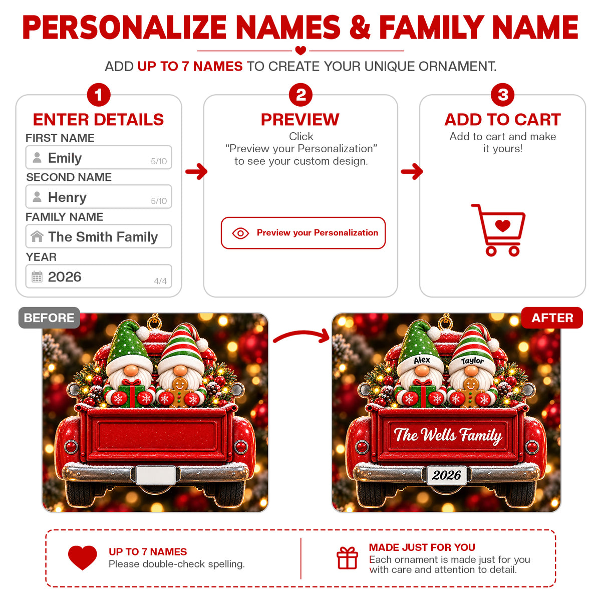 3D Raised Personalized Christmas Gnome Truck Ornament