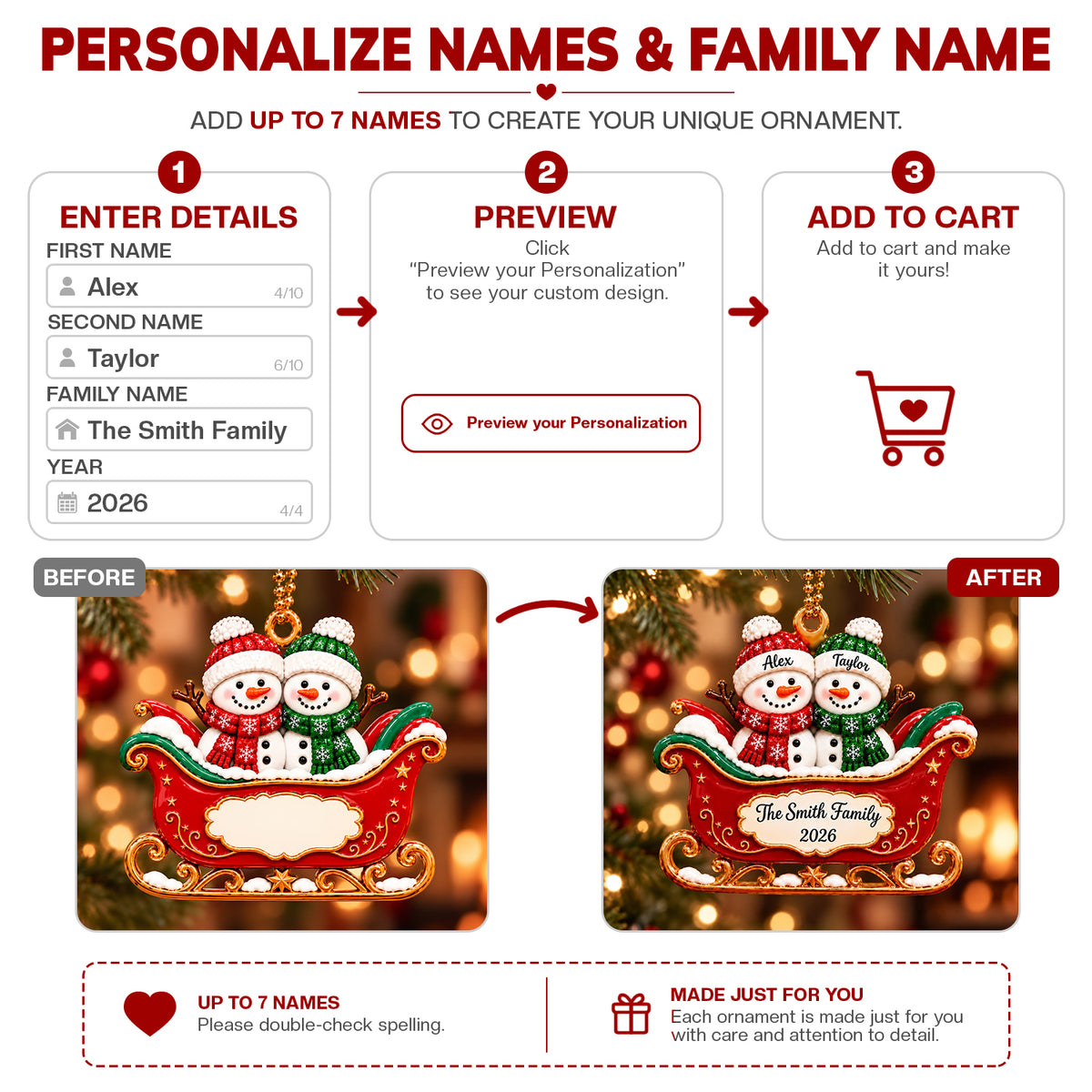 3D Raised Personalized Snowman Christmas Ornament – Family Gift