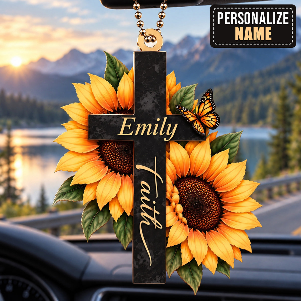 Personalized Name Faith Cross Ornament – Christian Sunflower Keepsake