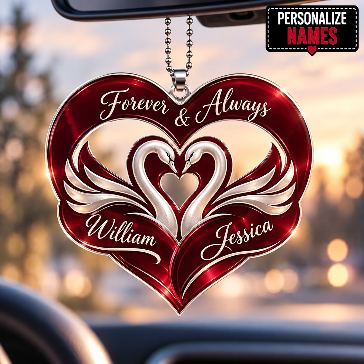 Personalized Names Swan Car Ornament – Forever Love Couple Ornament Anniversary Gifts for Couples