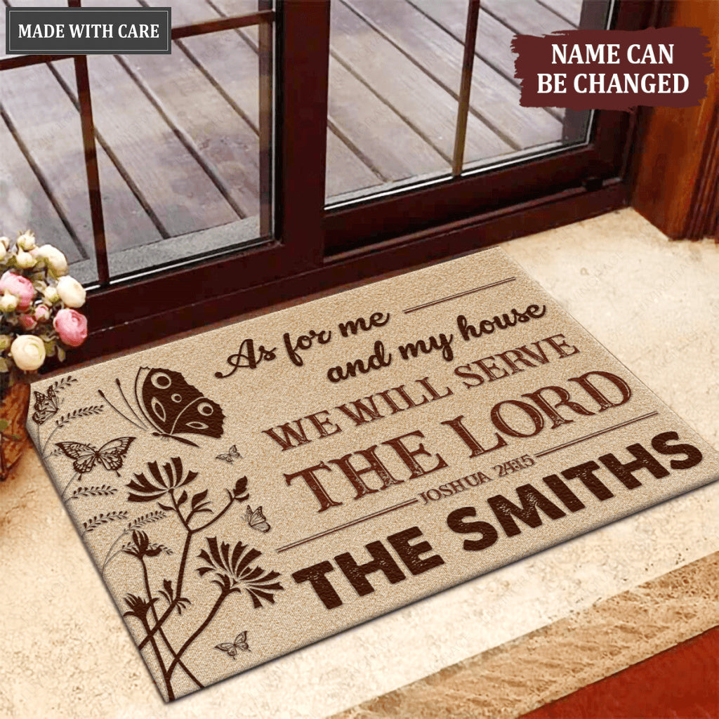 Vintage Floral Butterfly As For Me And My House Collection Family Name Personalized Doormat