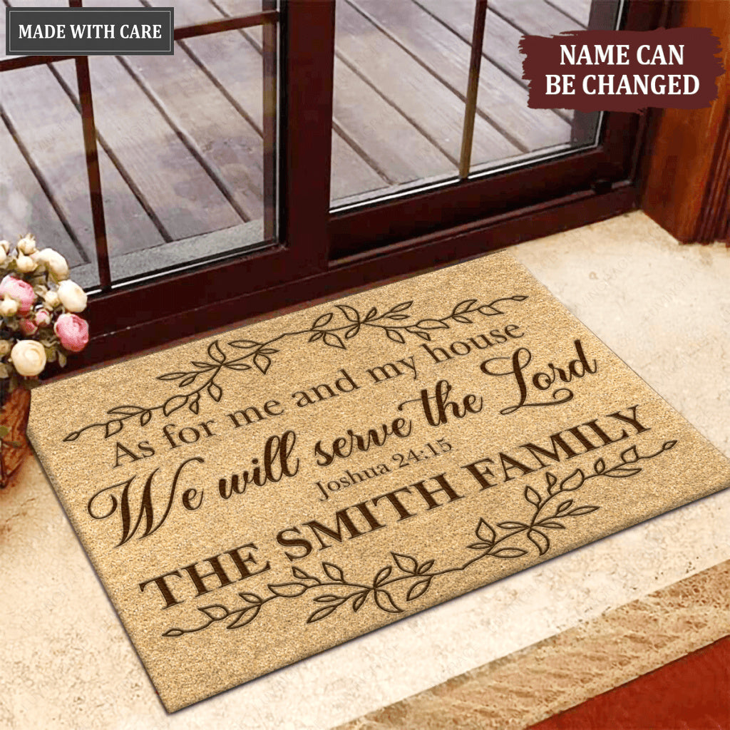 Vintage Leaf Line Art As For Me And My House Collection Family Name Personalized Doormat