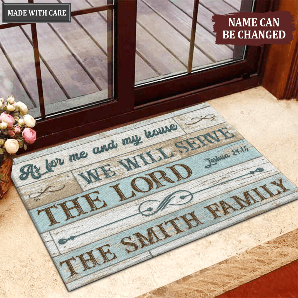 Vintage Old White Blue Wood As For Me And My House Collection Family Name Personalized Doormat