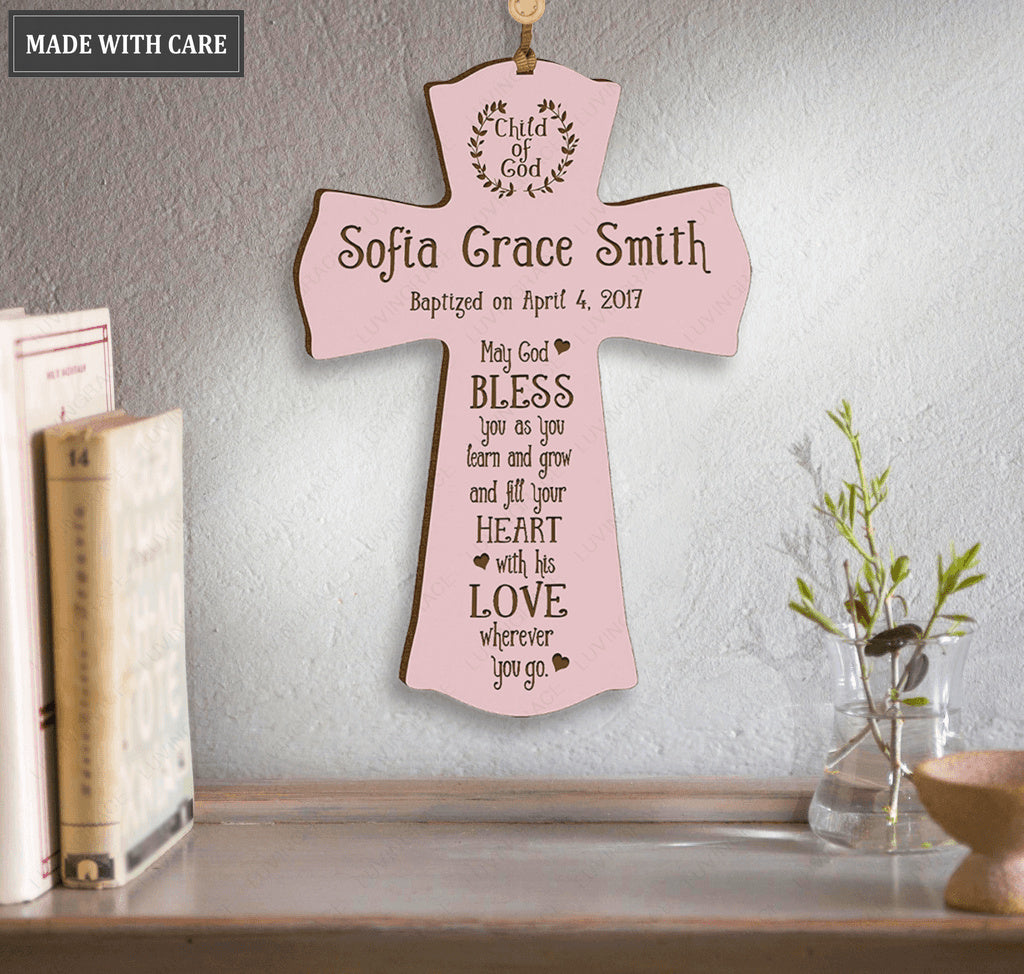 Personalized Pink Hanging Cross Baptism Gift