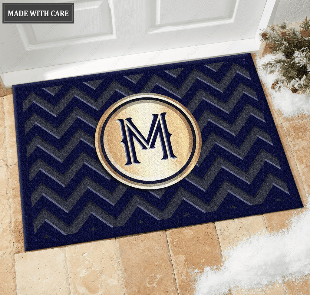 Cheveron Blue Monogram Personalized Doormat