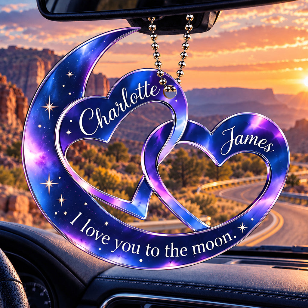 Personalized Names Moon & Interlocking Hearts Ornament – Romantic Gift for Couple