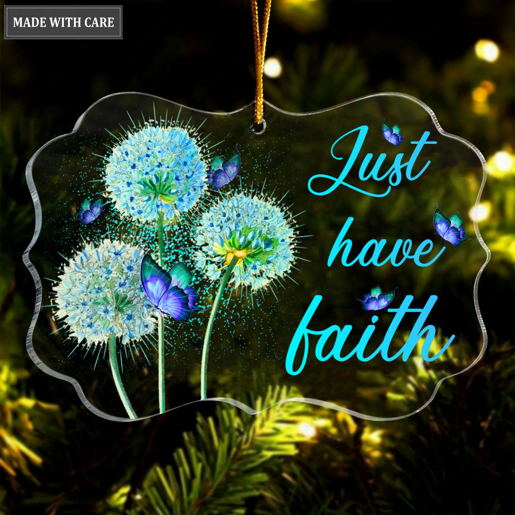 Blue Dandelion Butterfly Just Have Faith Transparent Ornament