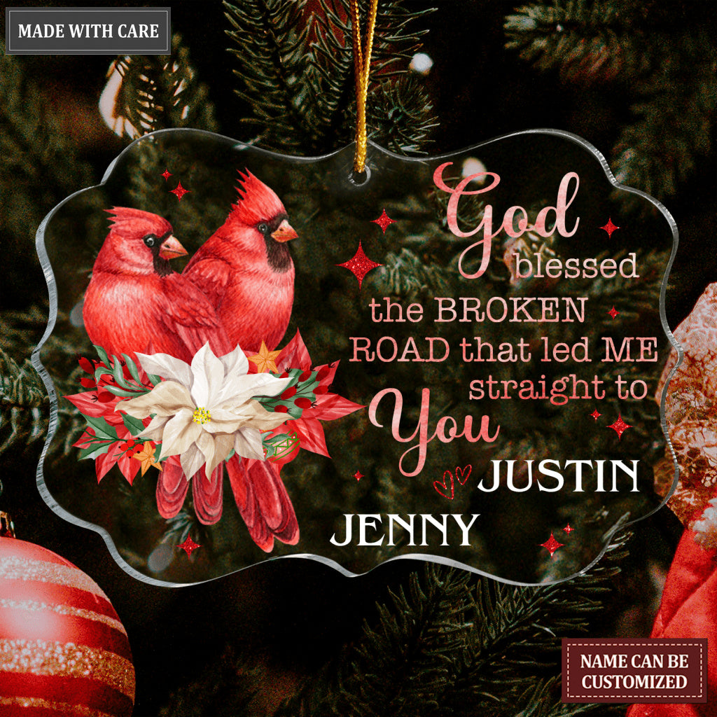 Cardinal Couple Poinsettia God Blessed Personalized Transparent Ornament