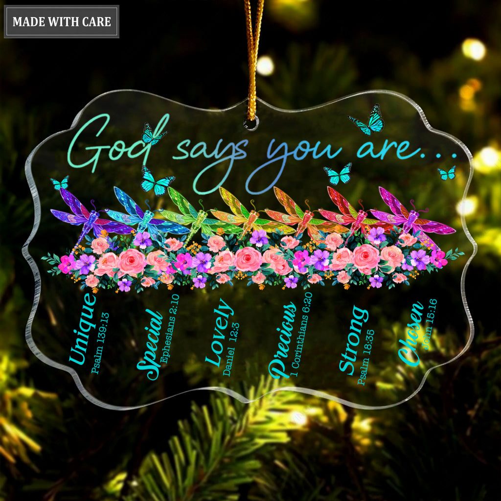 Flower Colorful Dragonfly And Butterfly God Says You Are Transparent Ornament