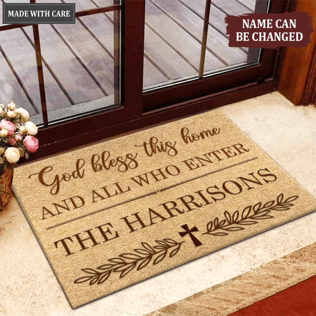 Vintage Floral Cross God Bless This Home Personalized Doormat