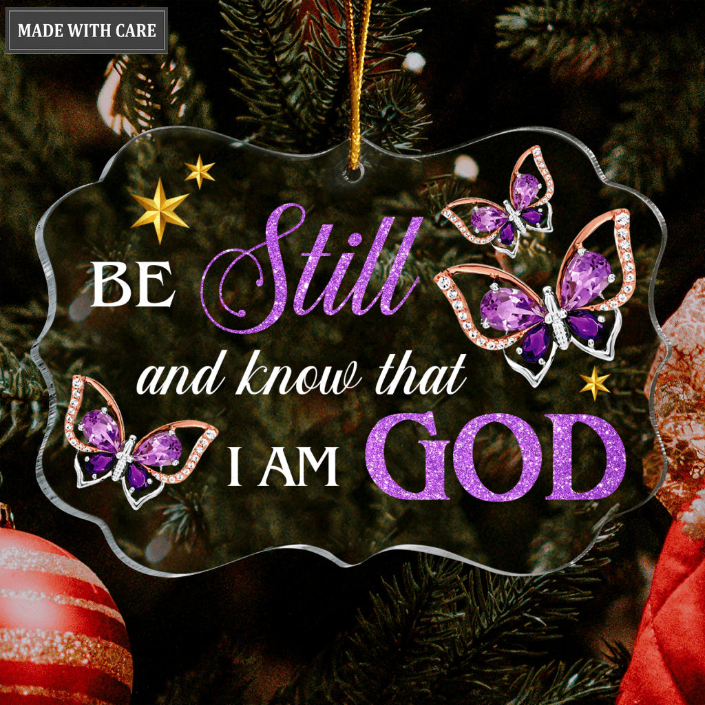 Purple Diamond Buttefly Be Still And Know That I Am God Transparent Ornament