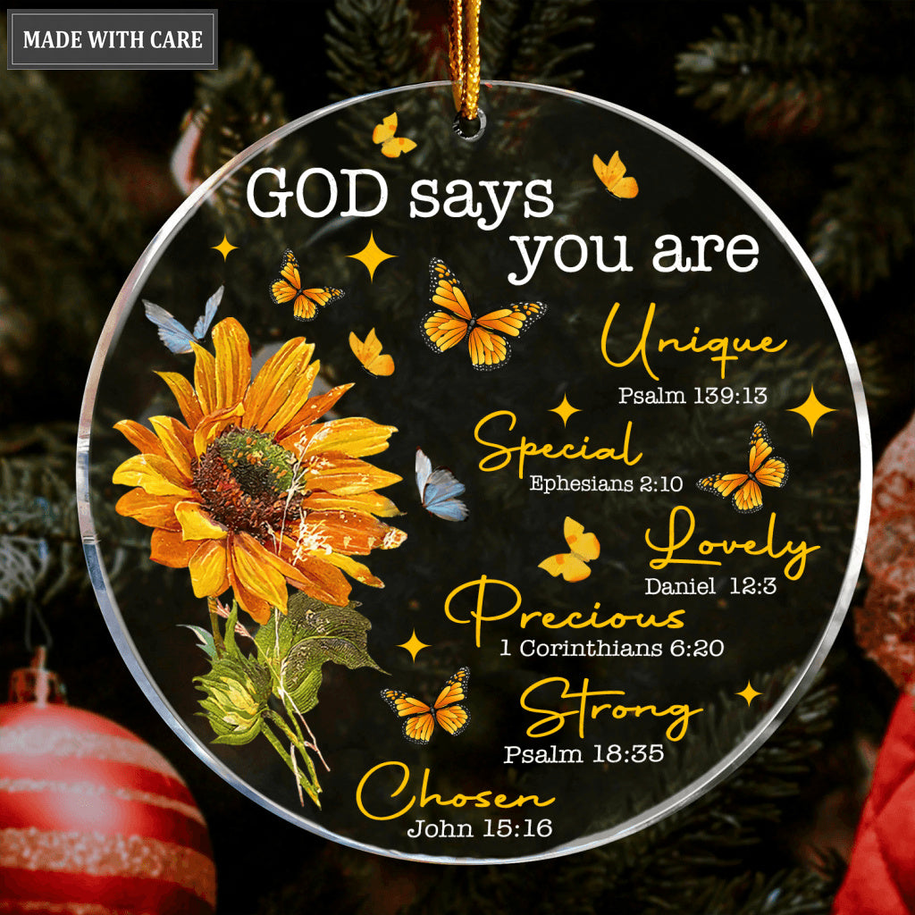 Sunflower And Butterflies God Says You Are Transparent Ornament