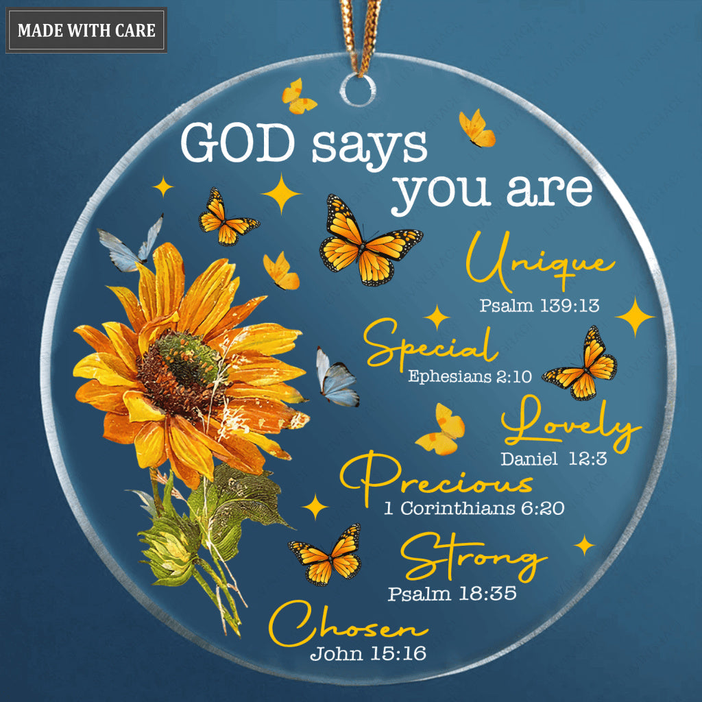 Sunflower And Butterflies God Says You Are Transparent Ornament