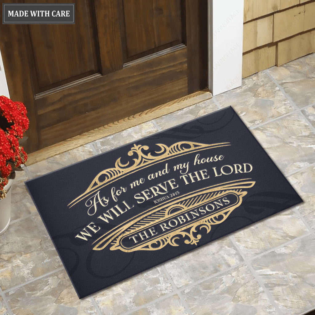 Personalized Gold Navy Luxury Serve The Lord Doormat