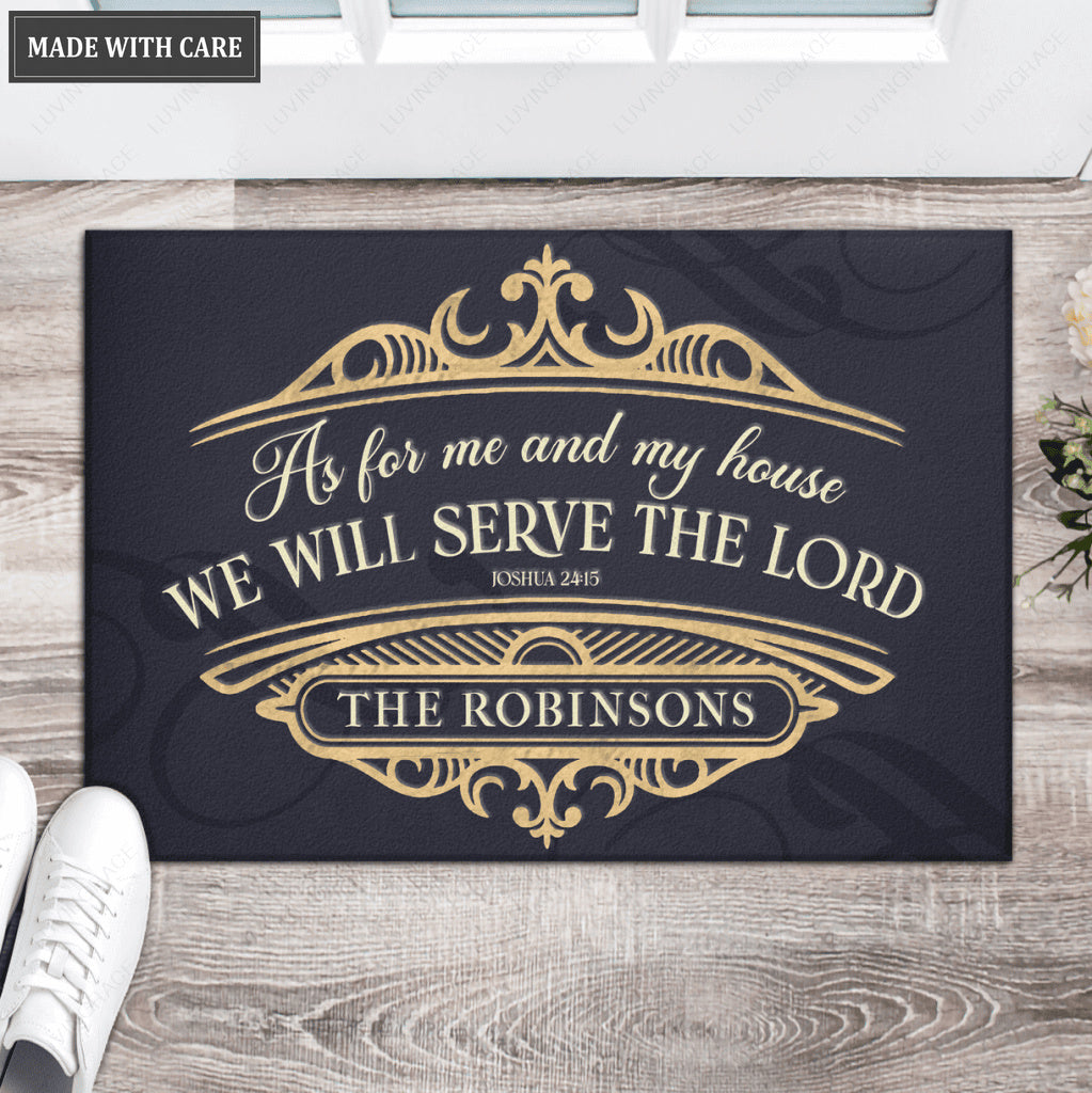 Personalized Gold Navy Luxury Serve The Lord Doormat