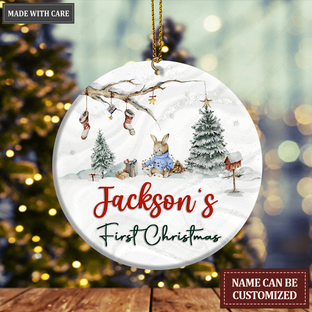 Baby Rabbit In Forest First Christmas Personalized Ornament