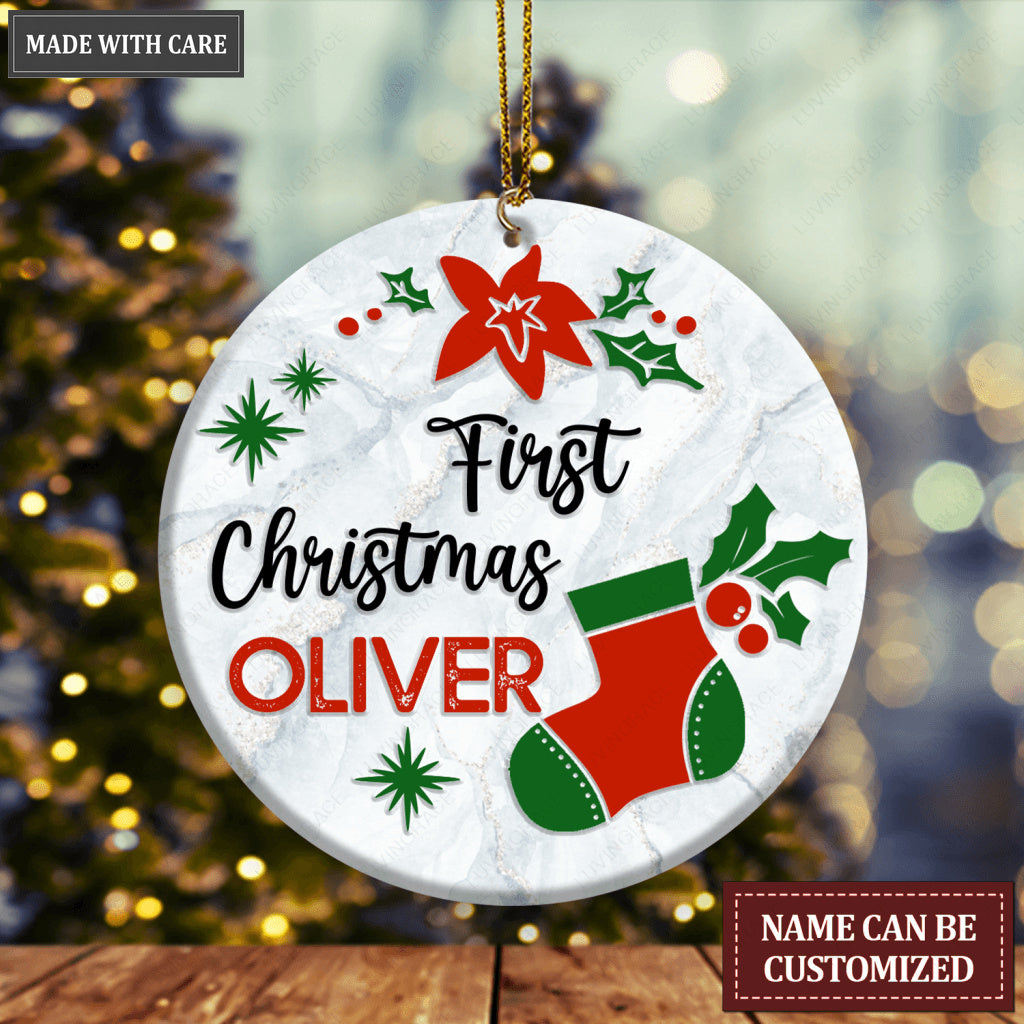 First Christmas Sock Poinsettia Floral Personalized Ornament