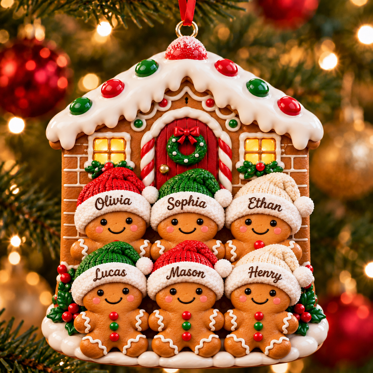 Personalized Gingerbread Family Christmas House 3D Ornament – Custom Names Christmas Gift