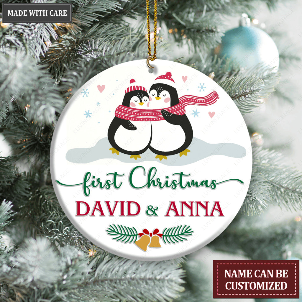 Loving Penguin Couple Our First Christmas Personalized Ornament
