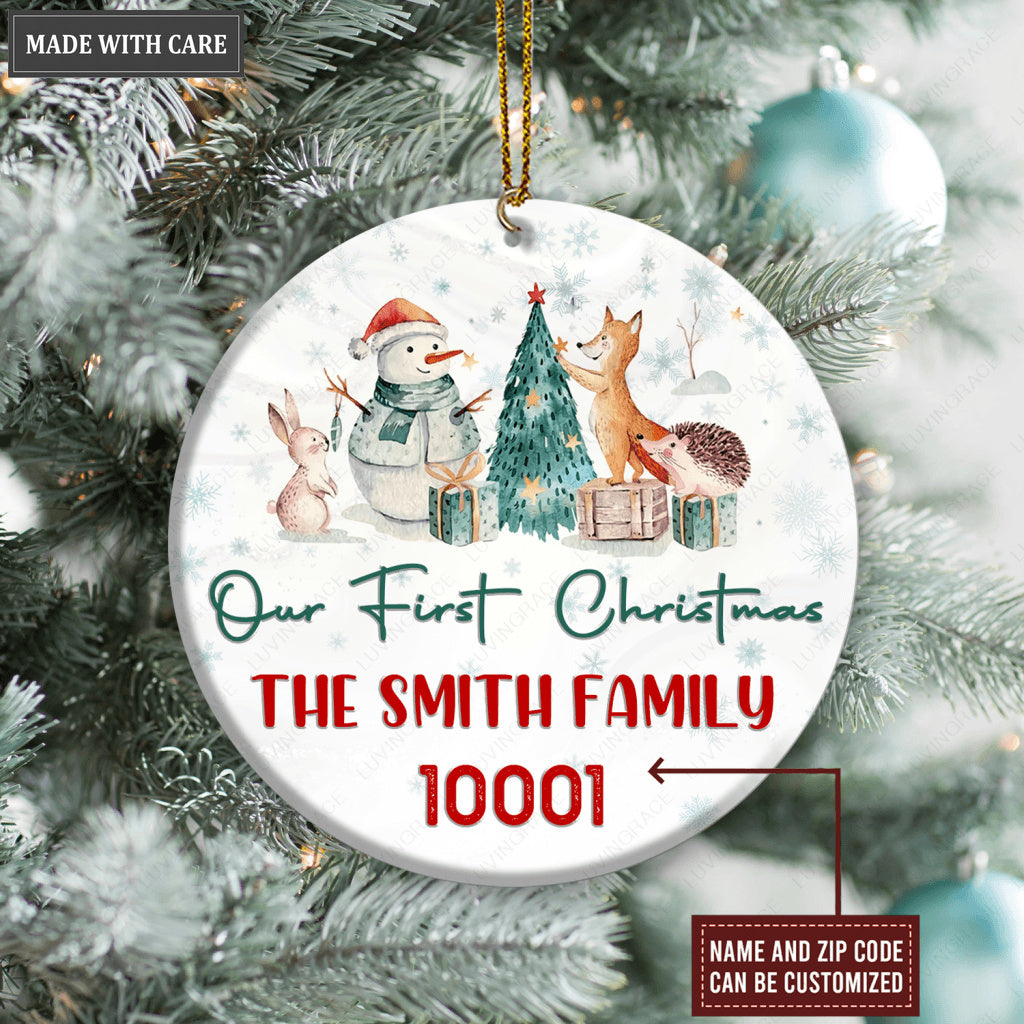 Snowman And Little Animal Our First Christmas Family Name And Zip Code Personalized Ornament