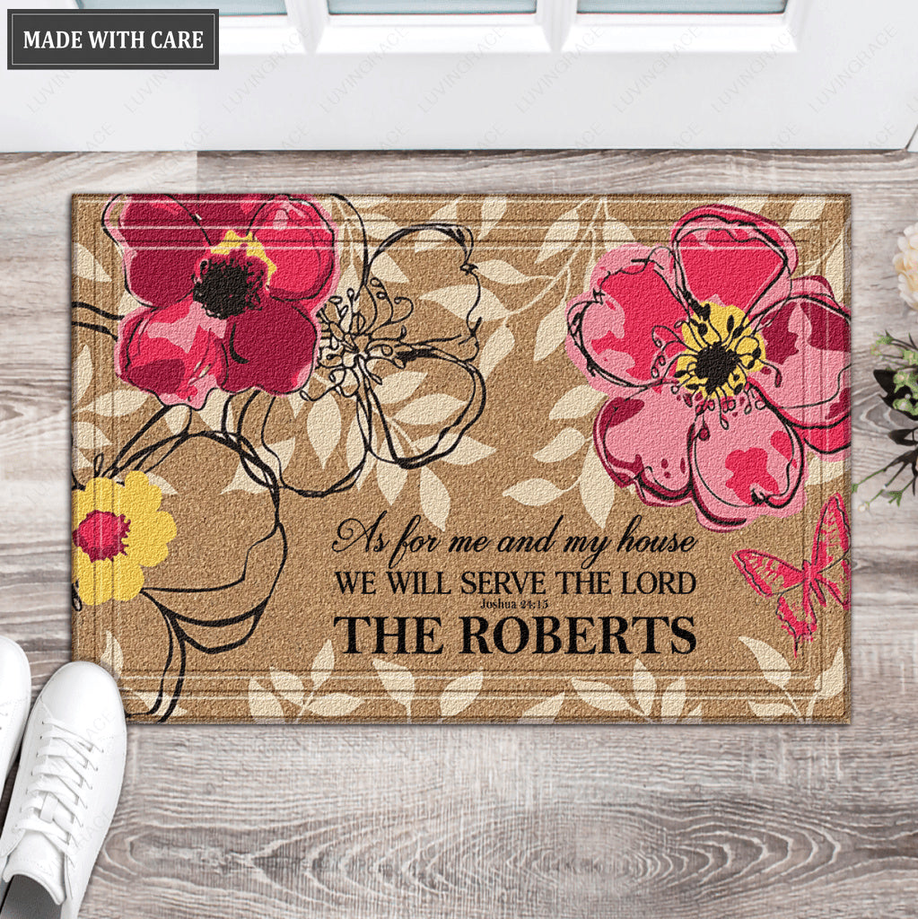 Flowers Pattern Serve The Lord Personalized Door Mat