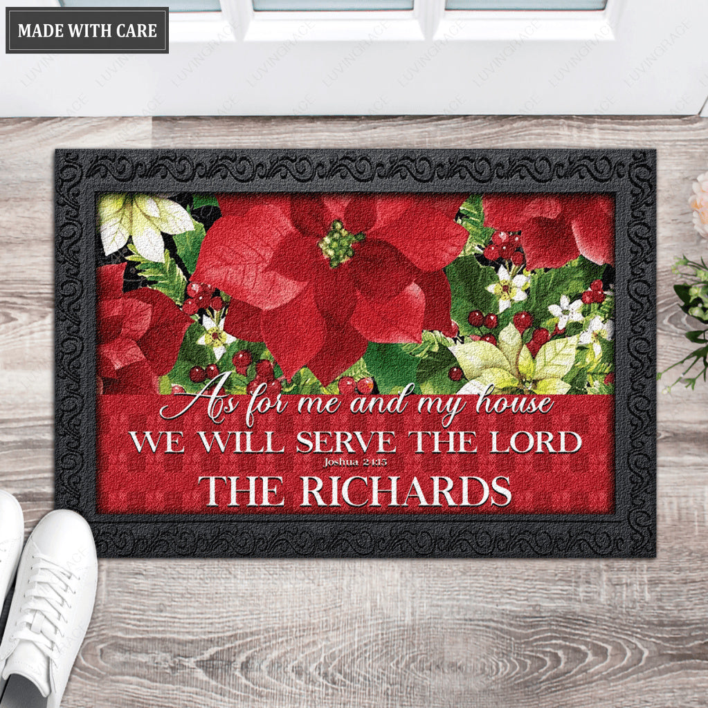 Poinsettia Welcome Christmas Floral Serve The Lord Personalized Door Mat