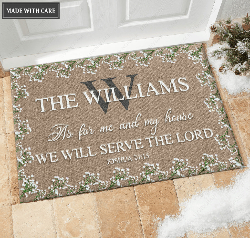 Monogram Floral Wreath Rustic Serve The Lord Personalized Doormat