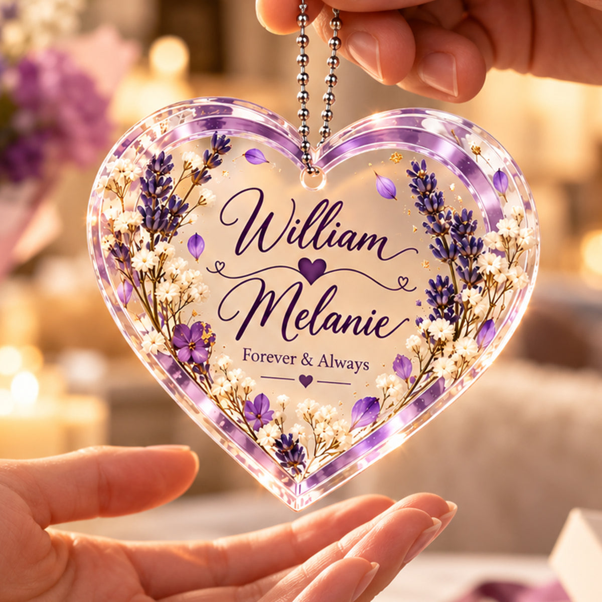 Personalized Names Lavender Love Heart Ornament - Romantic Gift for Couple